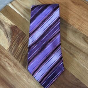 BCBG Attitude Mens Silk Necktie Purple Brown Striped Hand Made Classic Tie
